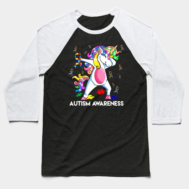 Dabbing Unicorn Autism Awareness Gift Kids Girls Dab Dance Baseball T-Shirt by Lorelaimorris